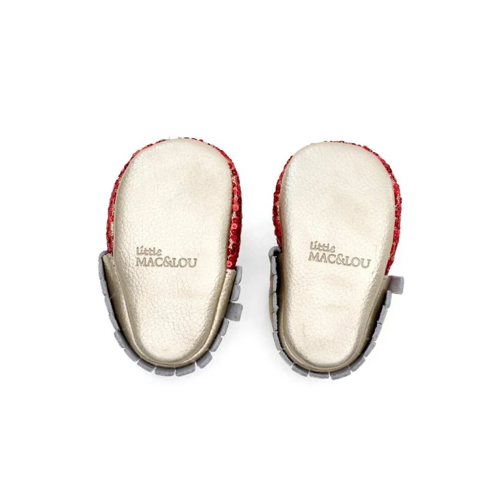 MAC&LOU Leather Baby Moccasins: Red Sequin Fringe Booties